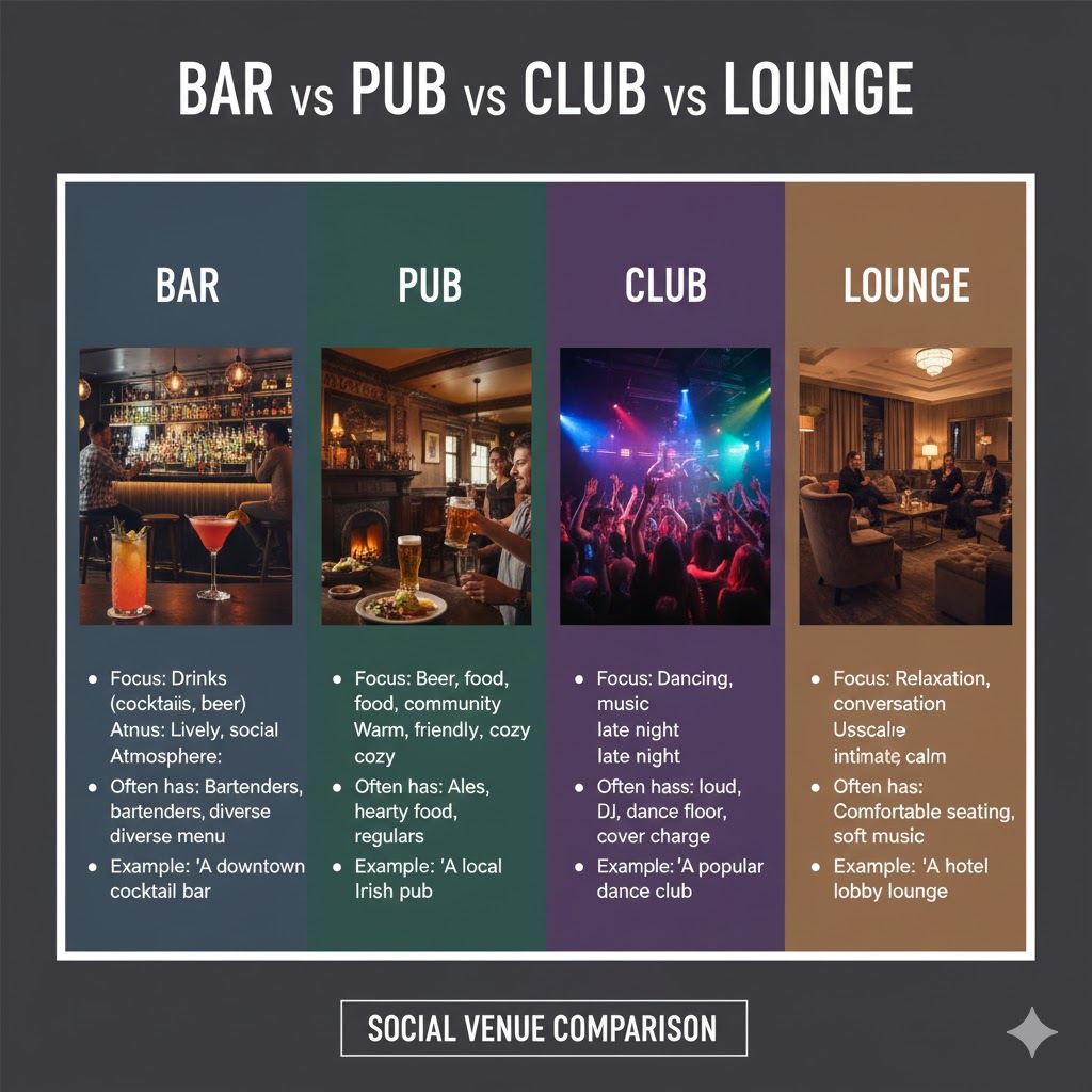 Bar Vs Pub Vs Club Vs Lounge